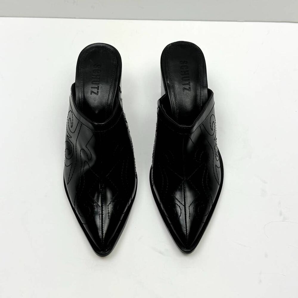 NEW Schutz Zarly Black Leather Western Stitched Slip On Heel Mules - Picture 4 of 13